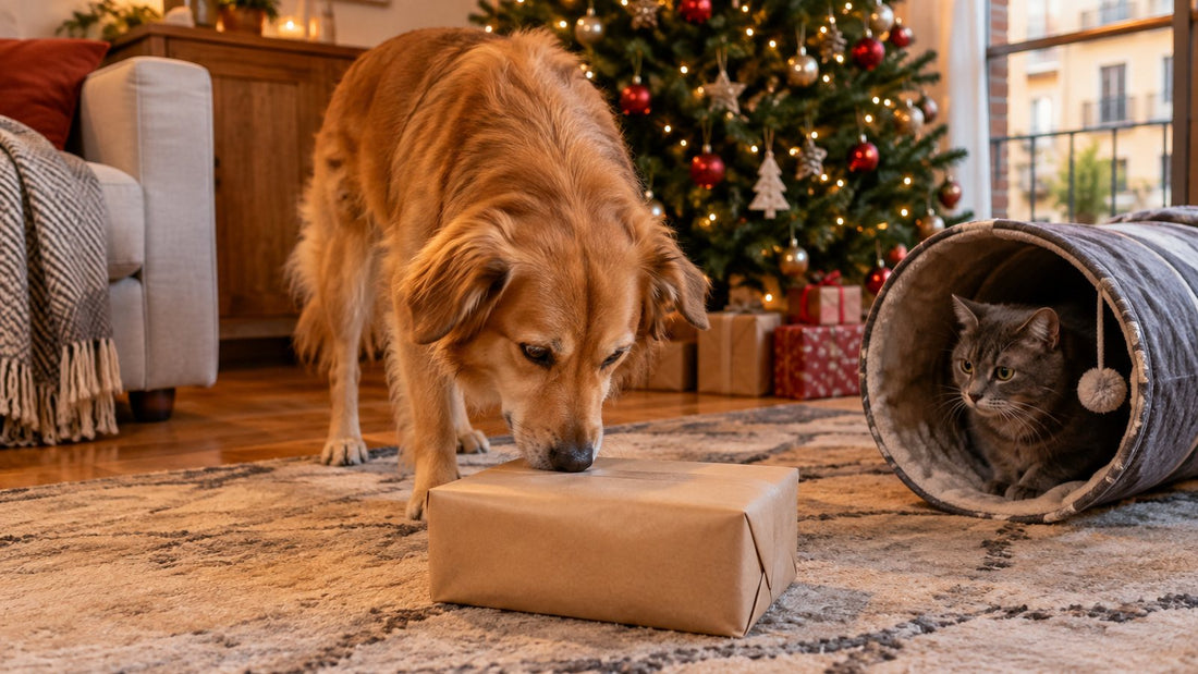 Perro y gato junto a un árbol de Navidad en un salón español con paquetes sin cintas y un juguete de perro sobre la alfombra