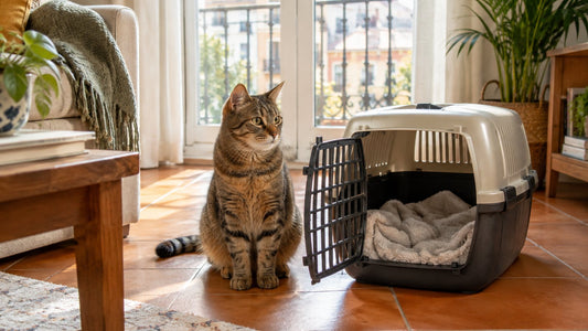 Gato atigrado sentado junto a un transportín abierto con una manta dentro, en el salón de un piso con suelo de baldosa