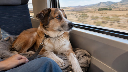 Perro mediano tumbado junto a la ventanilla de un tren de alta velocidad, con correa corta y una manta bajo las patas
