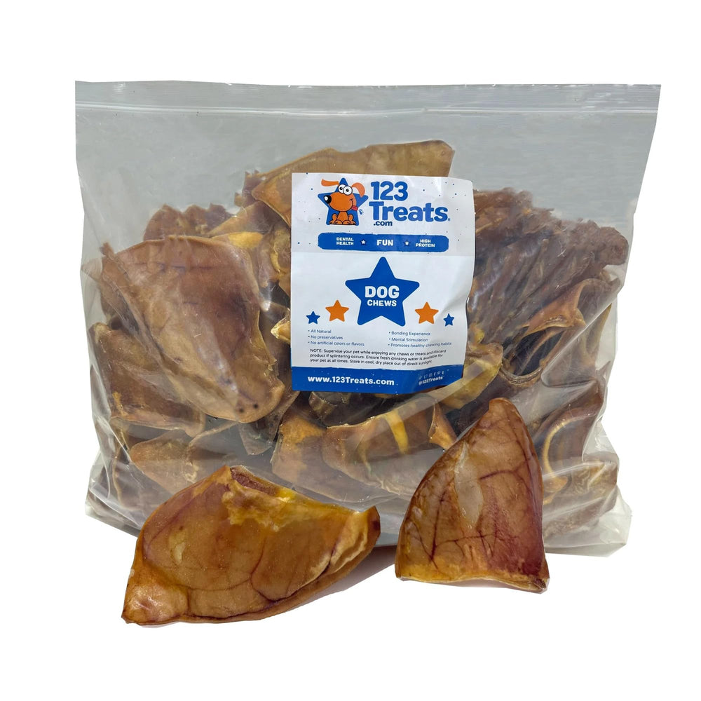 Orejas de cerdo naturales 123 Treats para perros, ideales para masticar de forma prolongada.