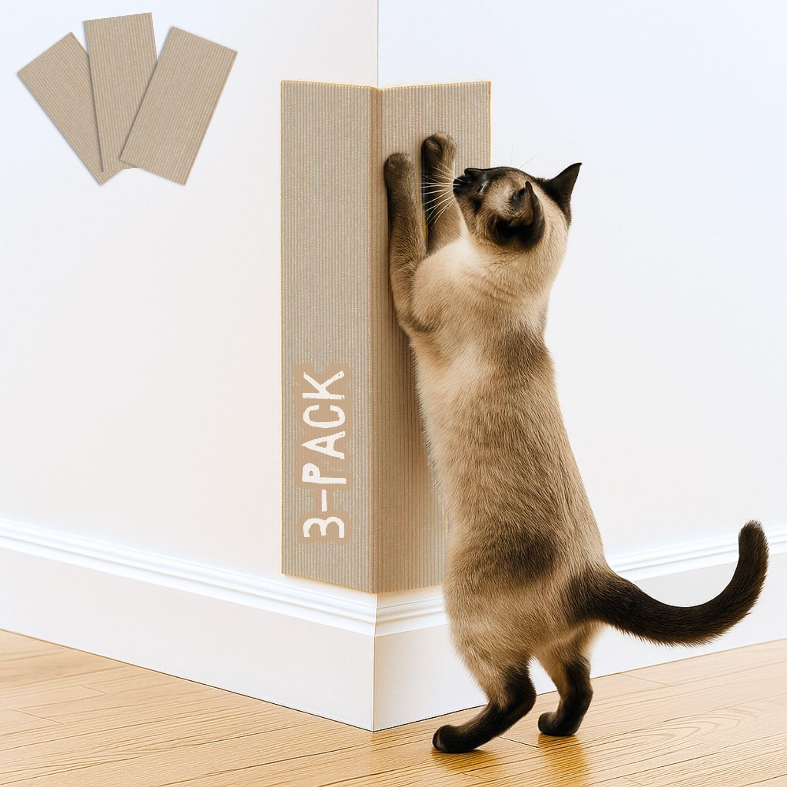 2ME alfombra rasca-gatos 3pack frente, lista para colocar sin herramientas.