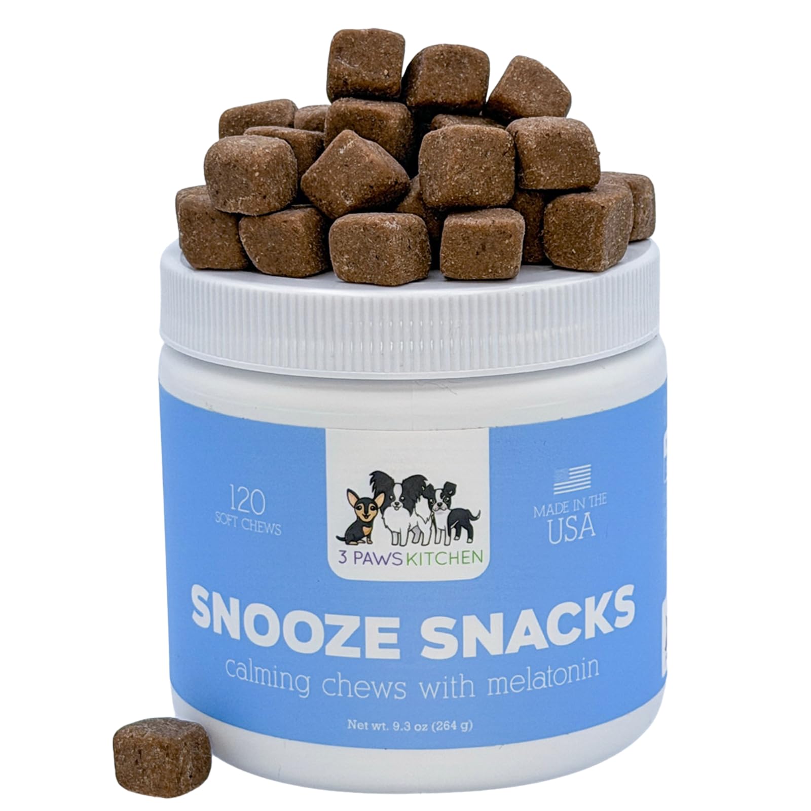 3 Paws Kitchen Snooze Snacks, envase frontal, apoyo relajante para perros