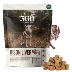 Hígado de bisonte liofilizado de 360 Pet Nutrition, snack proteico para entrenamiento diario.