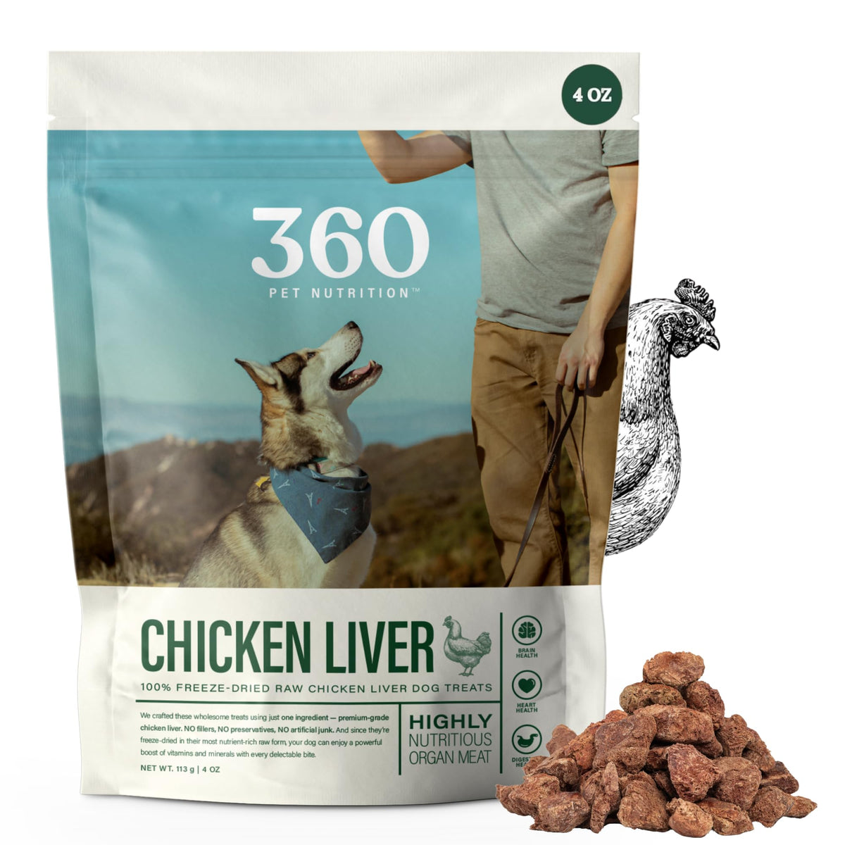 360 Pet Nutrition hígado de pollo liofilizado; snack proteico para perros.