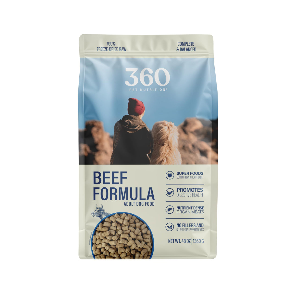 360 Pet Nutrition res deshidratado con hígado y órganos para nutrición equilibrada.