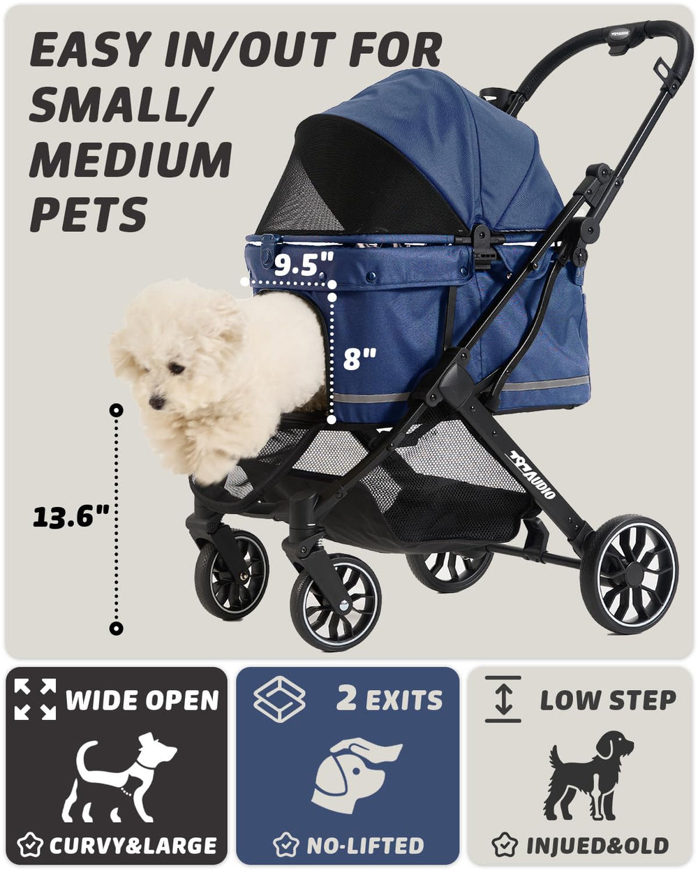 Capota de 180 grados del 797Audio, ventilación y acceso fácil para la mascota.