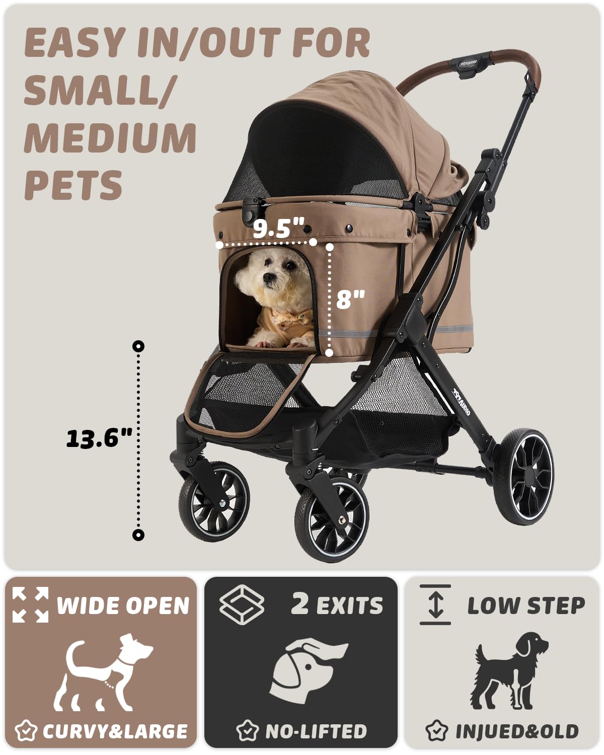 Carrito 797Audio para perros con sombras ajustables para diferentes climas.
