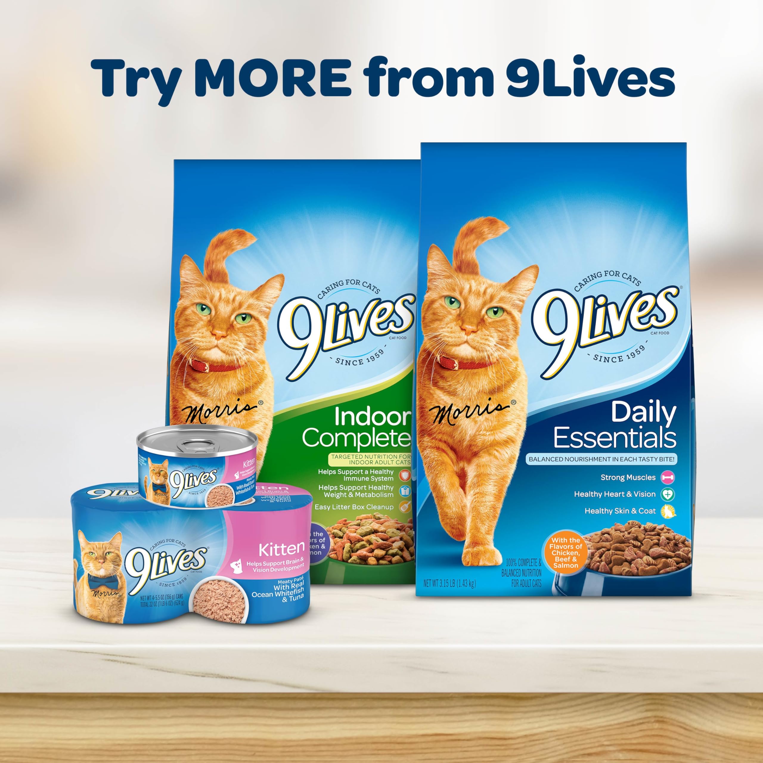 Sabores pollo y pescado oceánico en 9Lives Kitten Essentials para paladar juvenil.