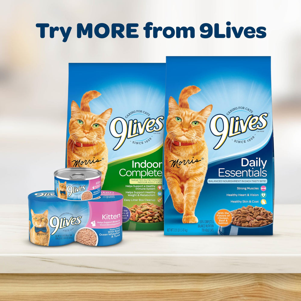 Sabores pollo y pescado oceánico en 9Lives Kitten Essentials para paladar juvenil.