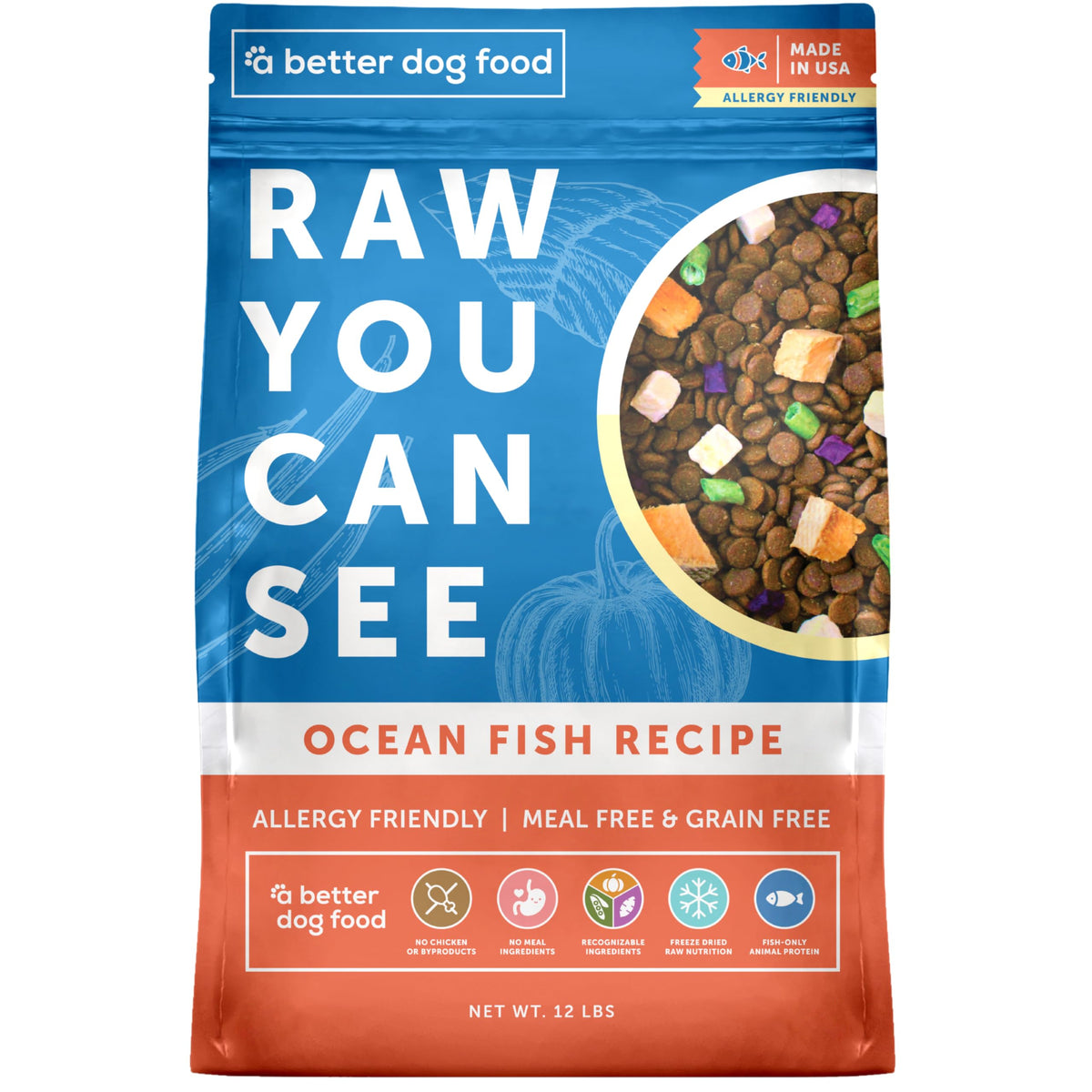 A Better Treat Ocean Blend en bolsa, ingredientes visibles para una digestión suave