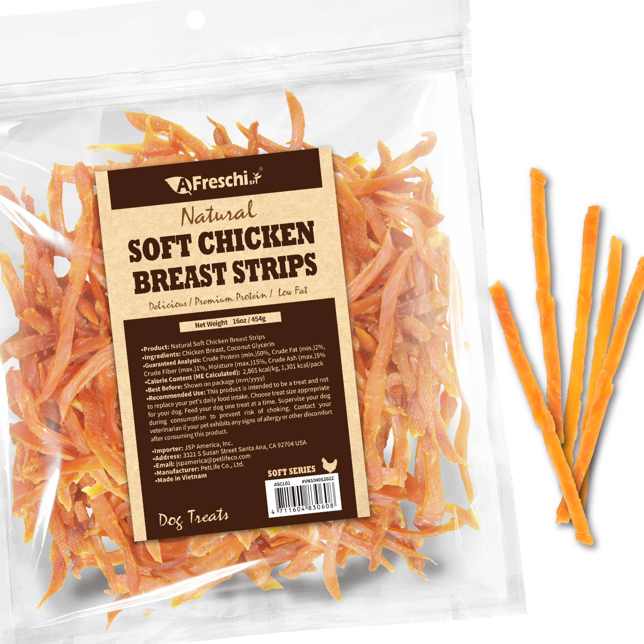 Premios suaves de pollo de A Freschi srl en primer plano, ideales para entrenamiento.