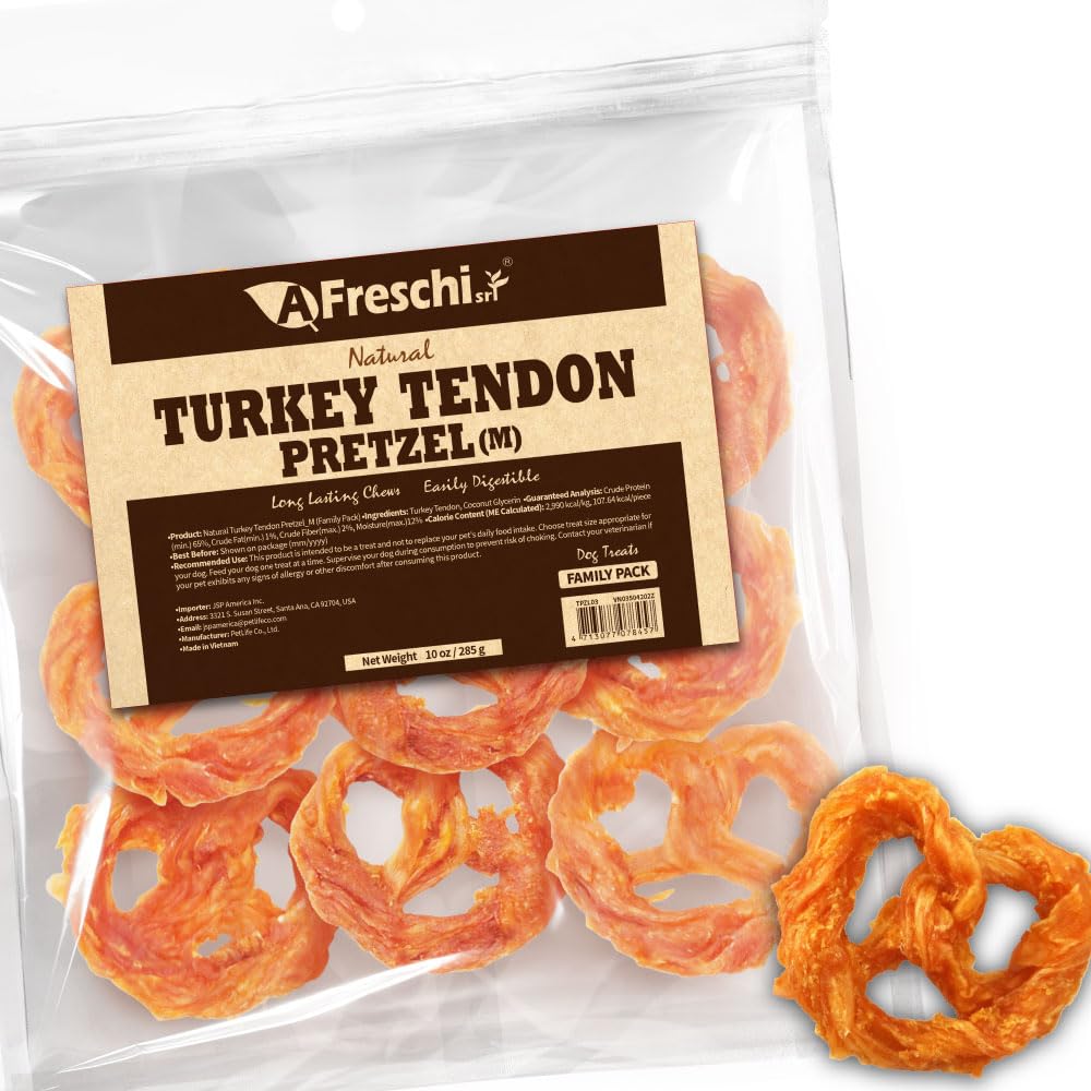 A Freschi srl tendones de pavo para perros, empaque de 10 oz, snack proteico natural.