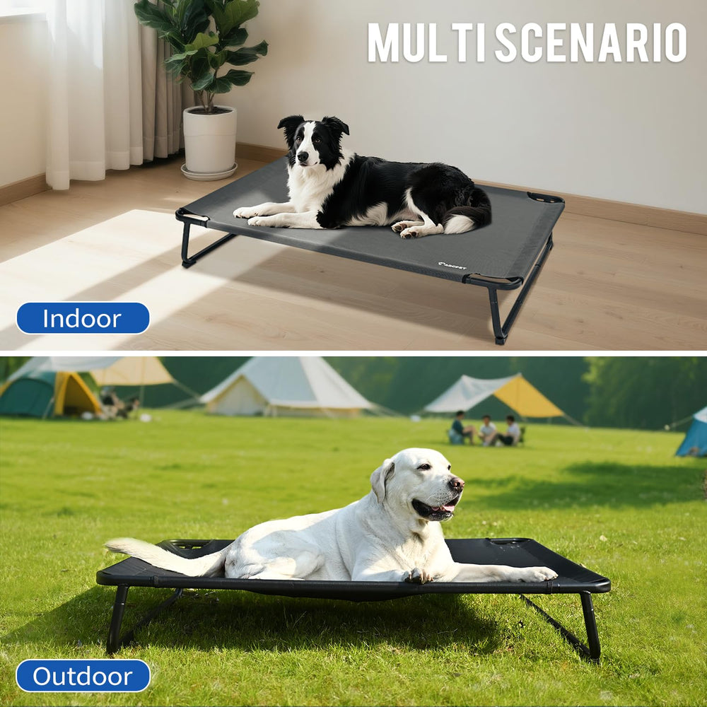 ABCPET Cama elevada apta para interiores, facilita limpieza con robot aspirador.