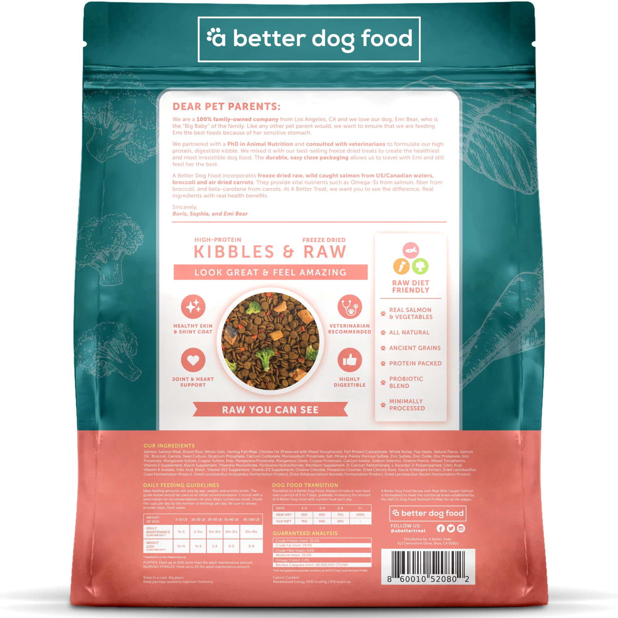 A Better Dog Food: ingredientes visibles de salmón y brócoli en la mezcla