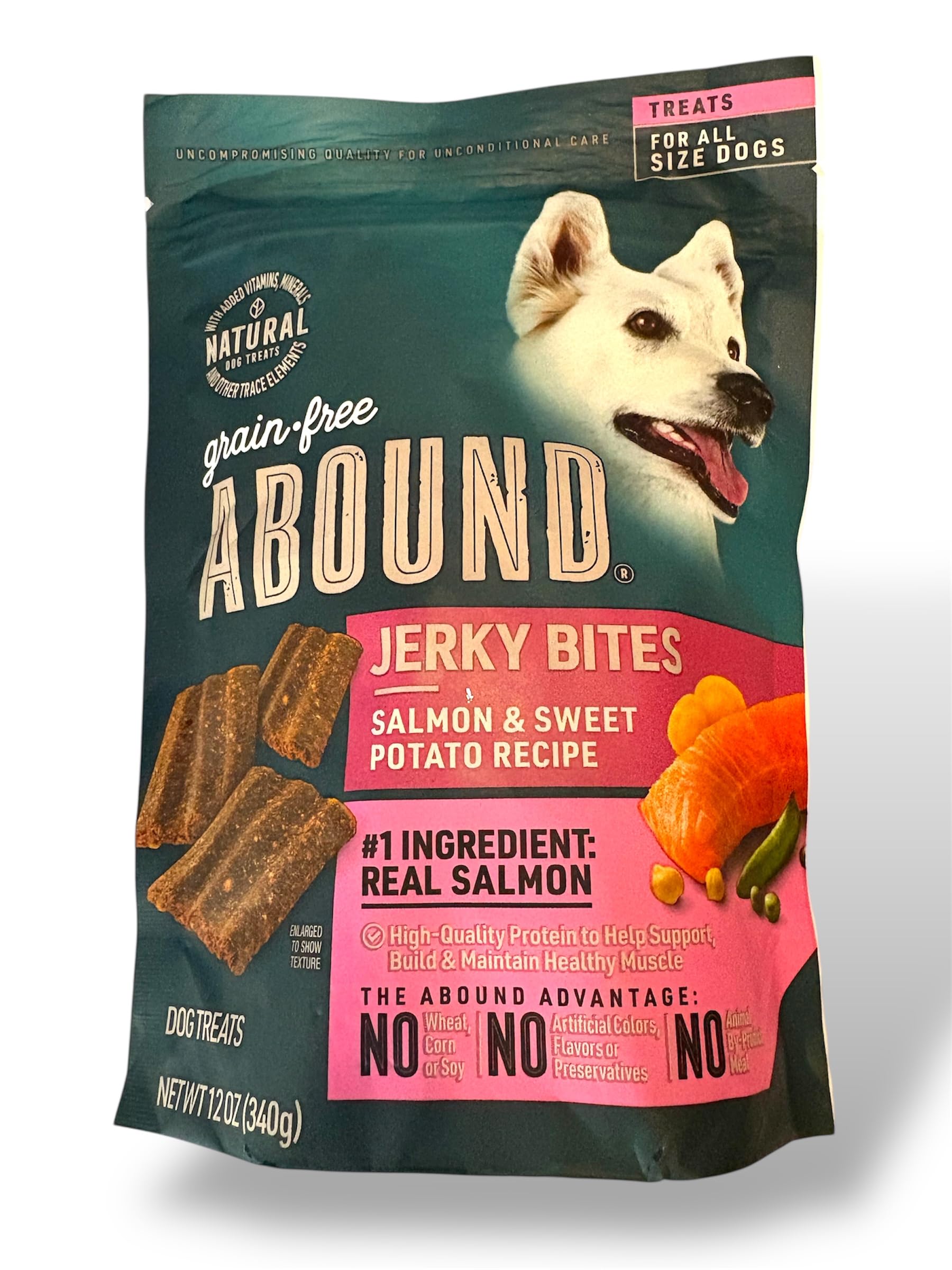 Abound bocaditos salmón batata dulce, snack natural para perros activos.