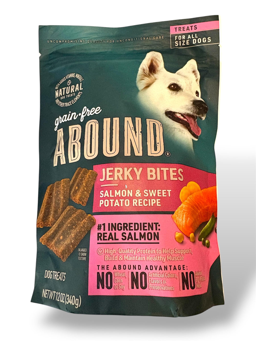 Abound bocaditos salmón batata dulce, snack natural para perros activos.