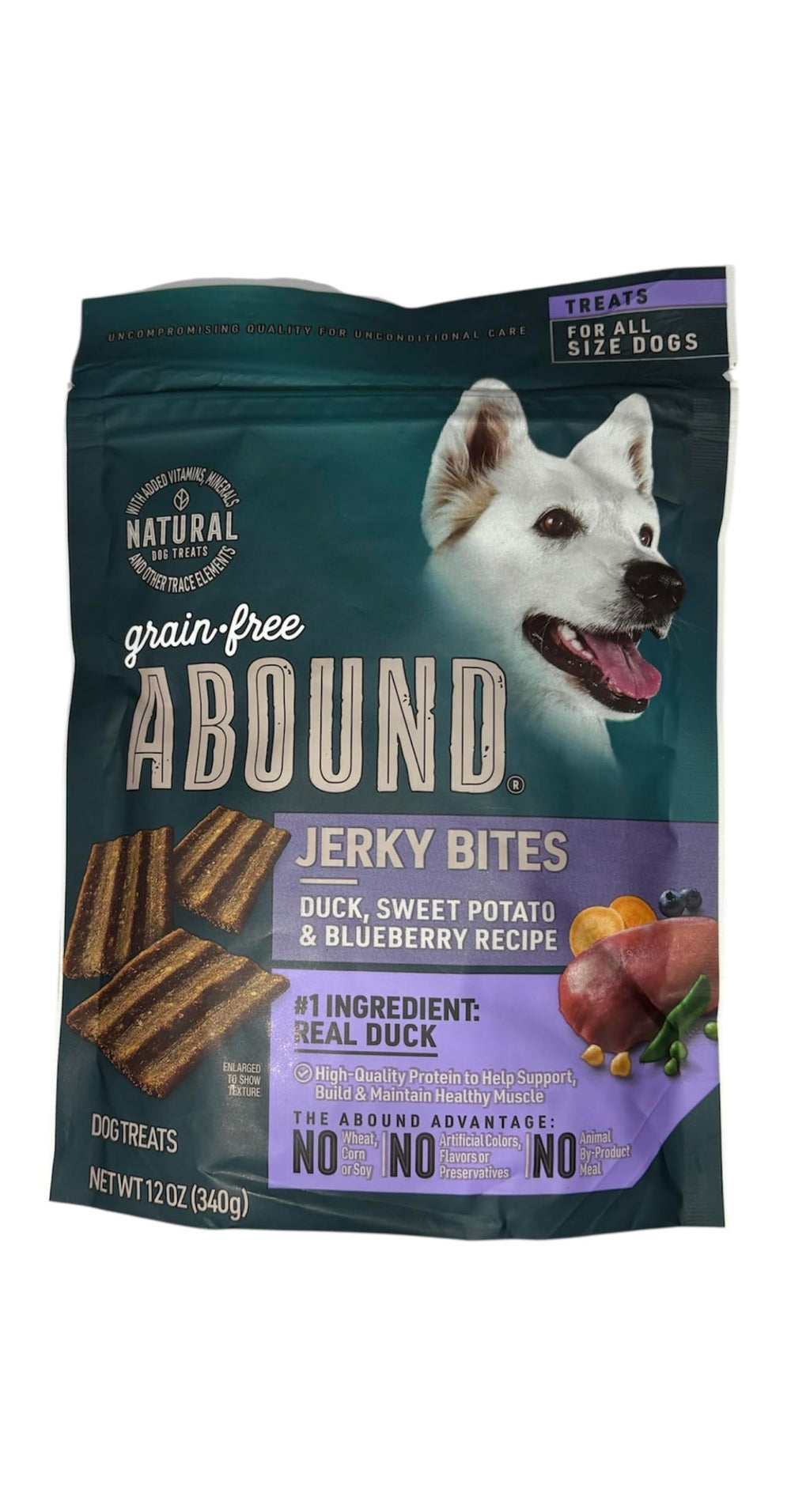 Abound Bocados de jerky de pato, snack natural para perros con proteína de alta calidad.
