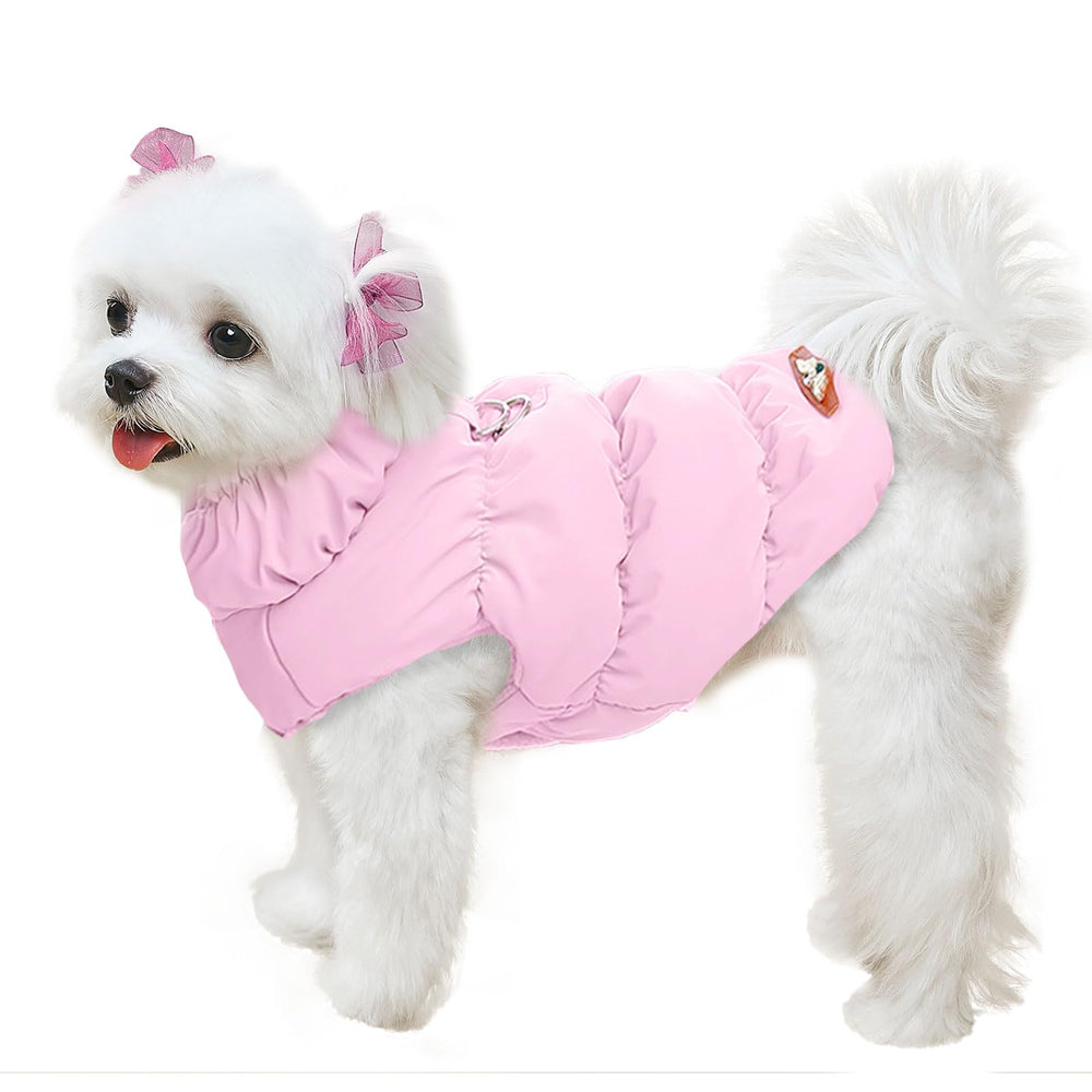 ABRRLO abrigo de invierno para perro rosa, vista frontal, ideal para paseos fríos.