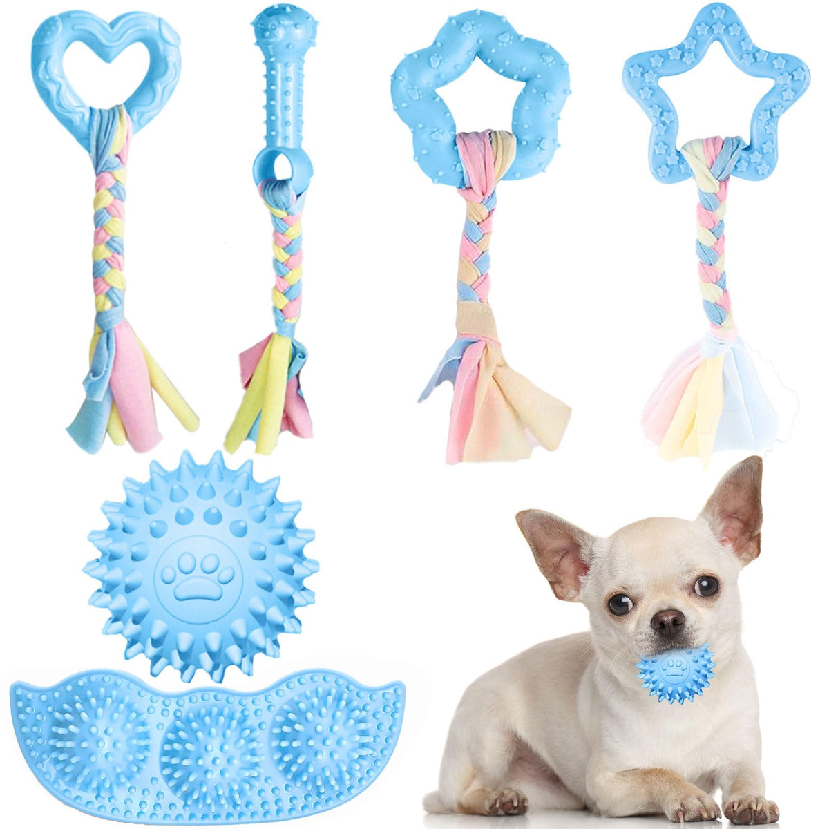 ABRRLO bundle de juguetes para cachorros azules, ideal para juego y masticación segura.