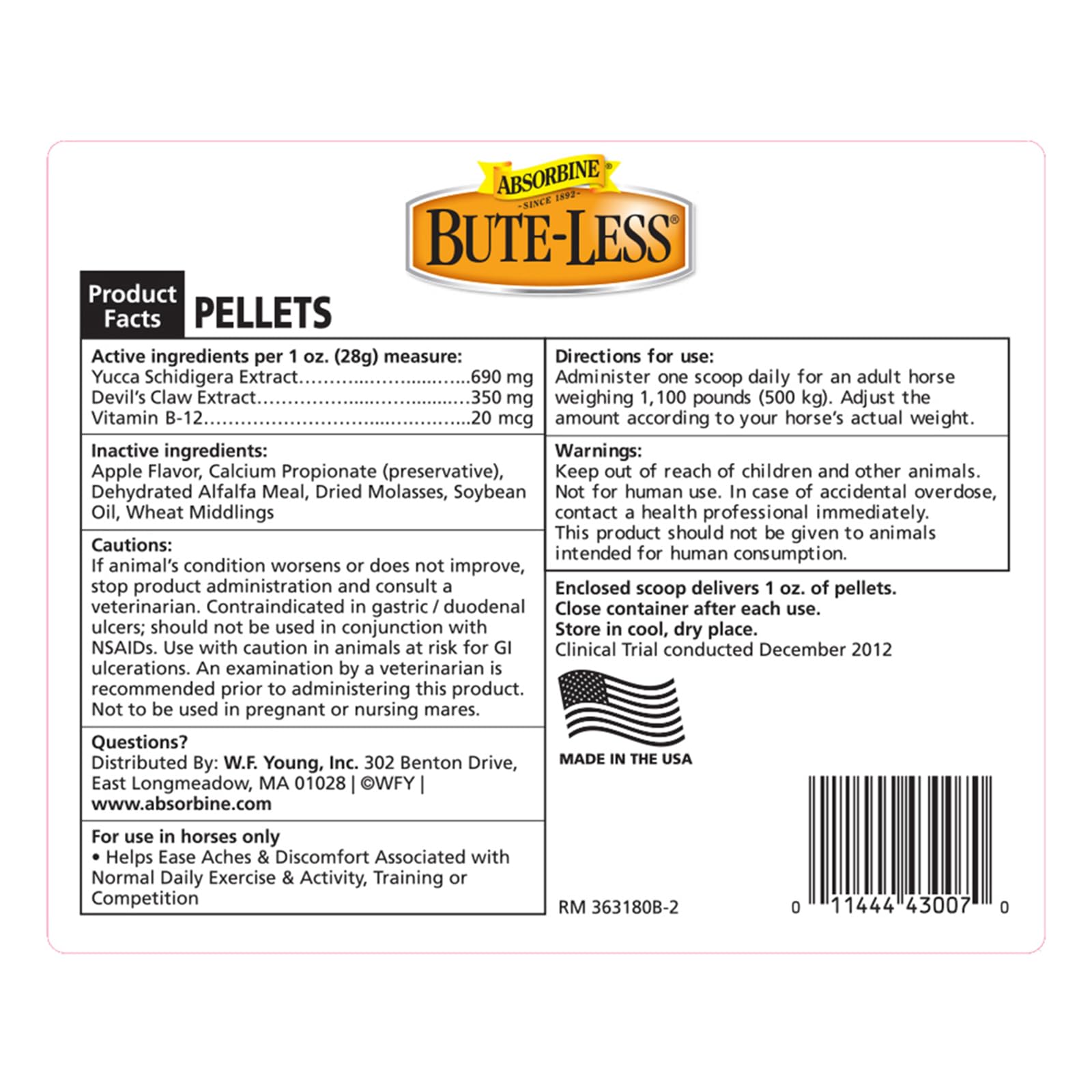 Absorbine Bute-Less etiqueta: resaltan beneficios naturales para el cuidado.