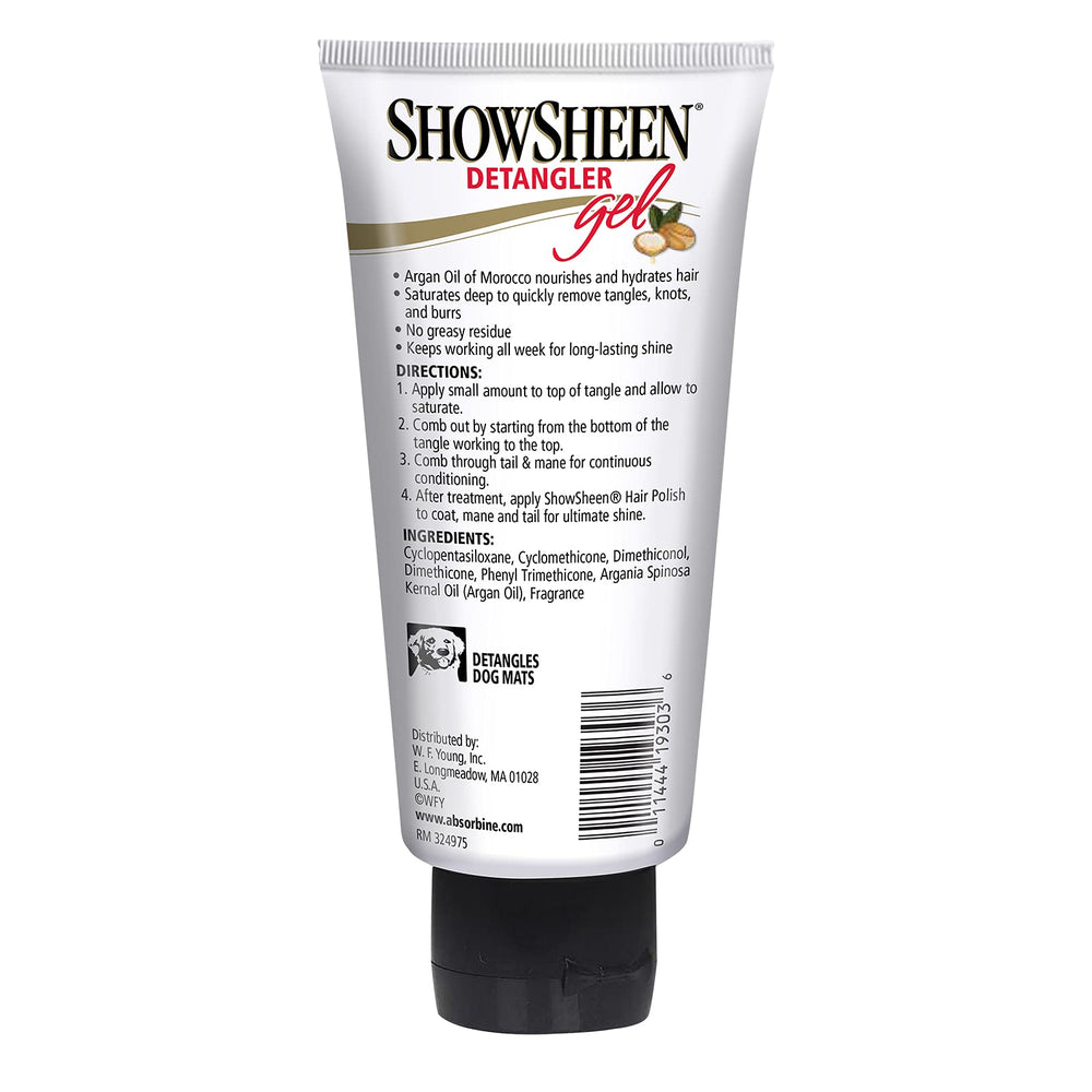 Uso en caballos y perros con Absorbine ShowSheen para manejo seguro de nudos.
