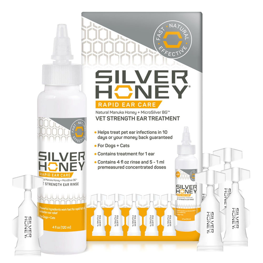 Absorbine Silver Honey limpiador de oídos en botella para perros y gatos, uso recomendado.