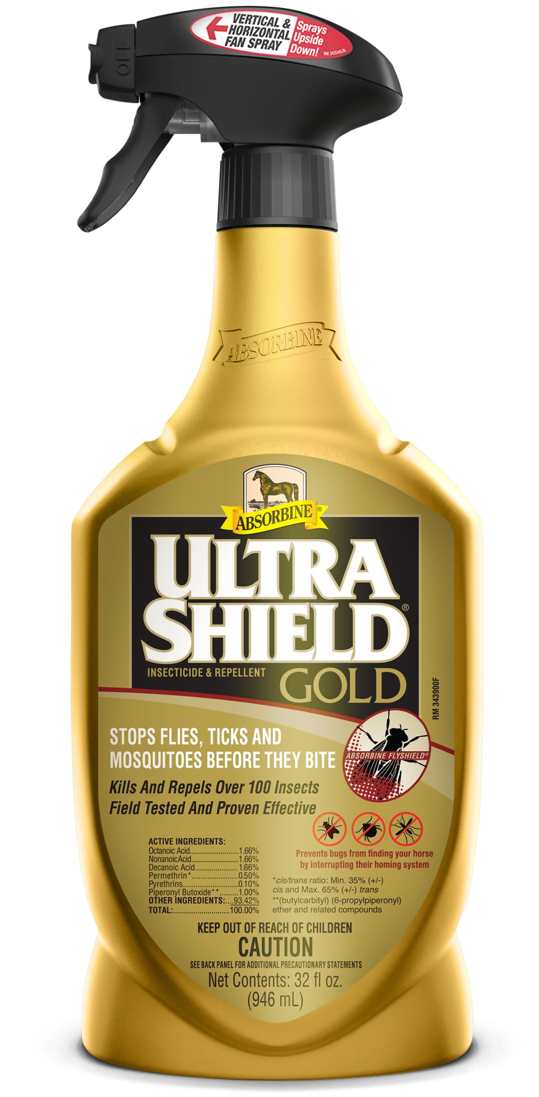 Absorbine UltraShield Gold: botella vista frontal mostrando protección contra insectos.