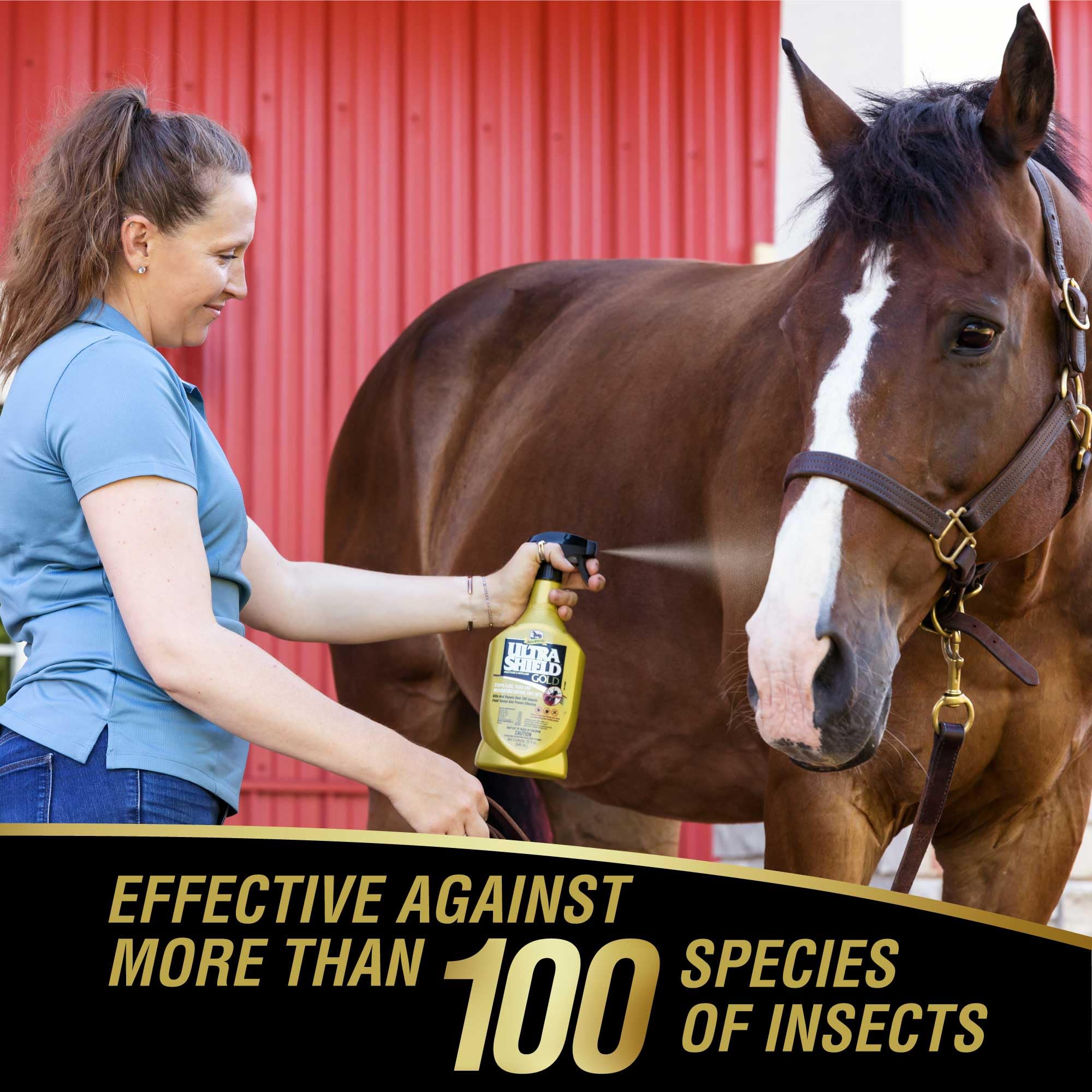Absorbine UltraShield Gold: etiqueta del producto con FlyShield y certificación USA.