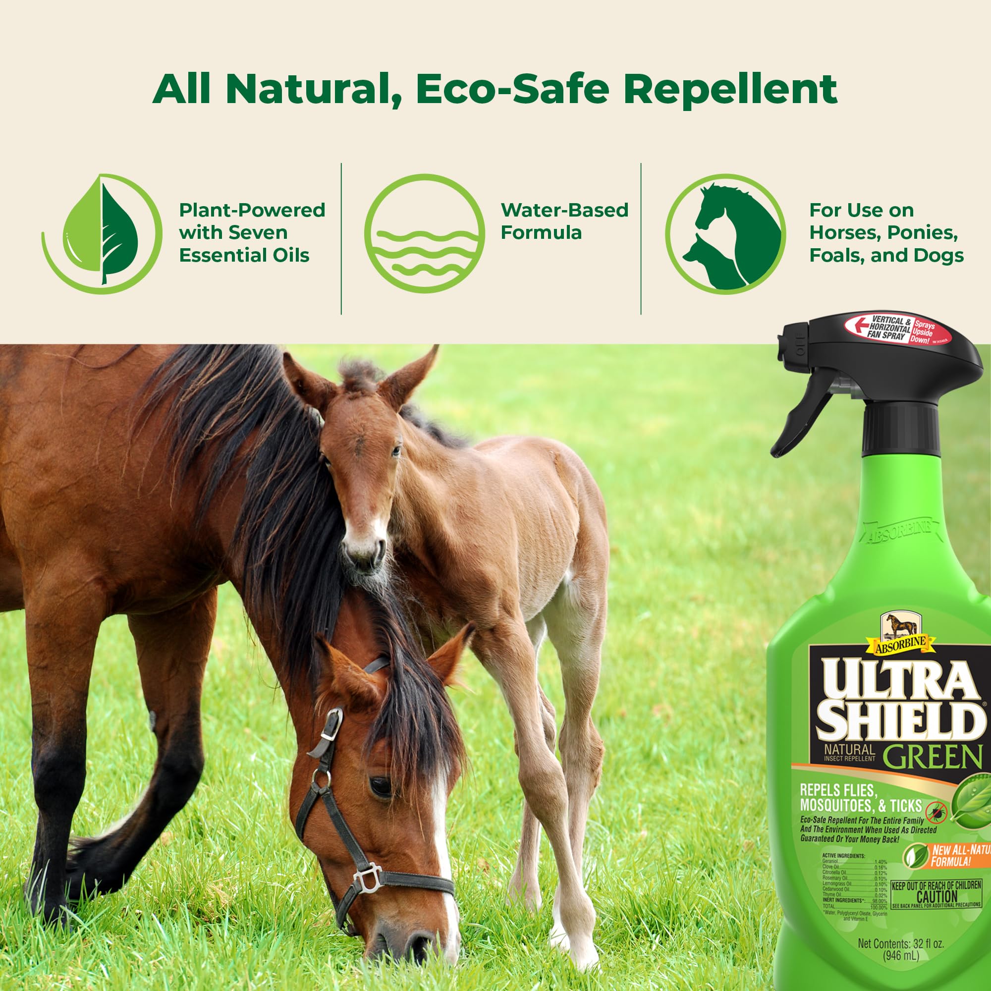 Absorbine UltraShield Green, ingredientes botánicos para aroma fresco y segura protección.