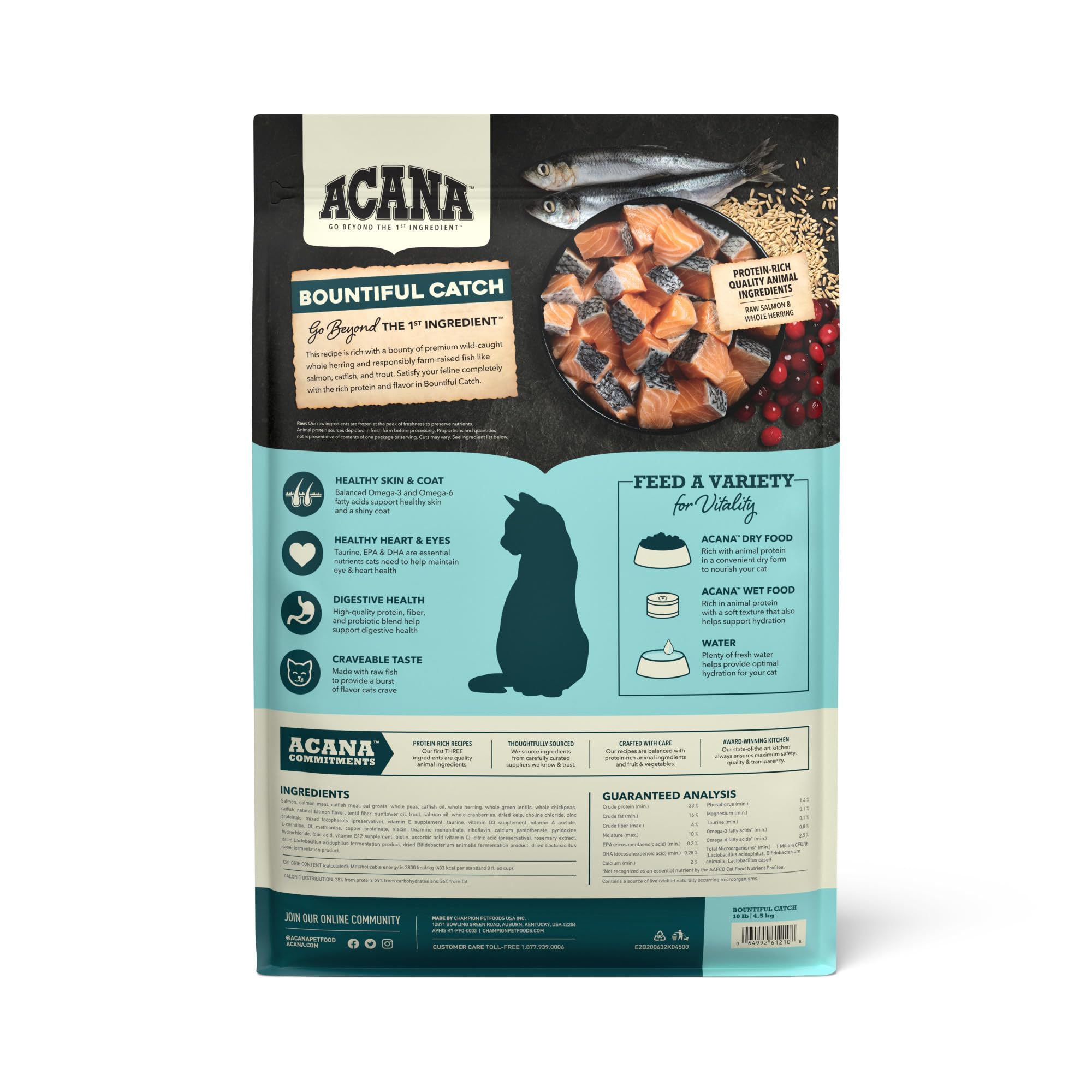 ACANA Bountiful Catch con salmón crudo, proteína alta para energía diaria.