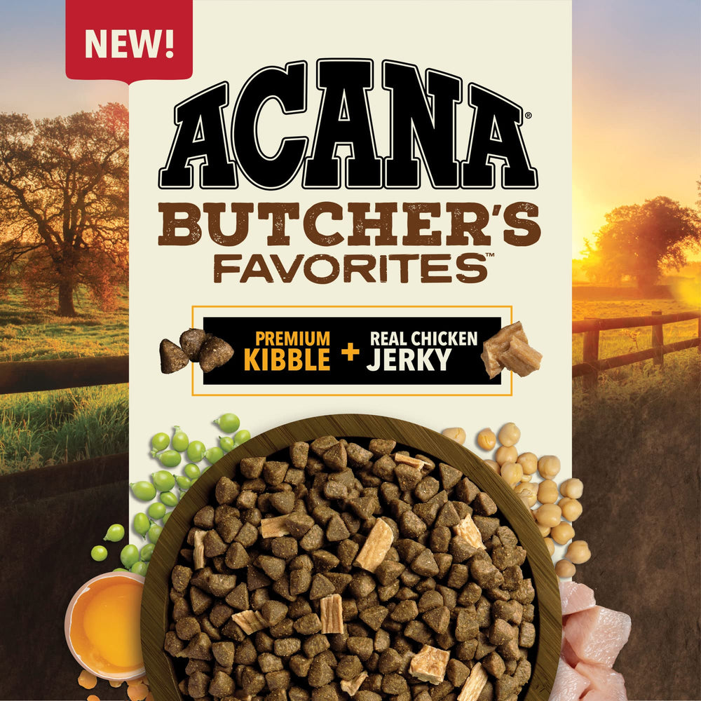 ACANA Butcher’s Favorites, kibble y jerky de pollo real, sabor para perros.