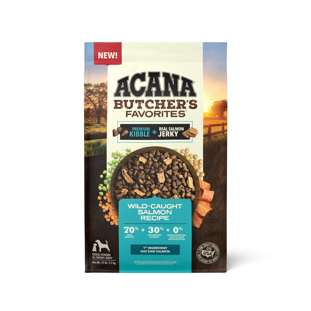 ACANA Butcher’s Favorites bolsa de 17 libras con salmón salvaje, ideal para apoyar la salud digestiva.