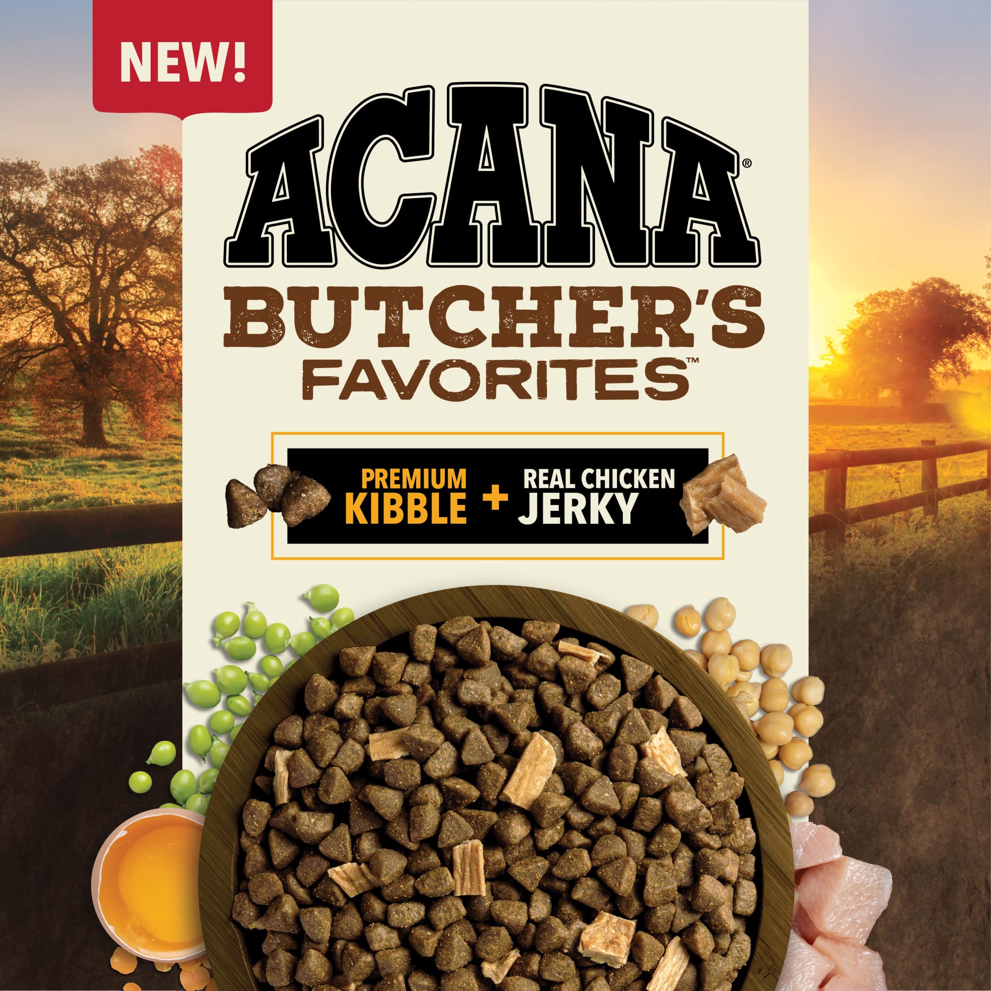 Tro­zos de pollo jerky en ACANA Butcher's Favorites, proteína sabrosa para recompensas equilibradas.