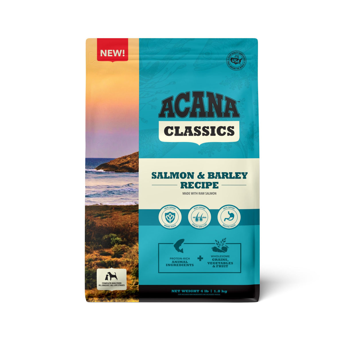 ACANA Classics Salmón y Cebada: bolsa de 4 lb para alimentación diaria balanceada.