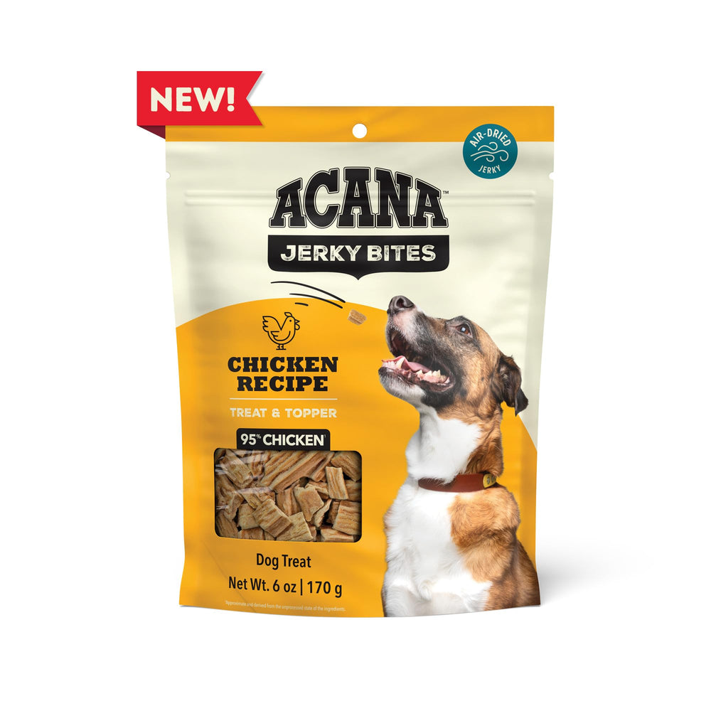 ACANA Jerky Bites pollo, alta proteína para energía diaria.