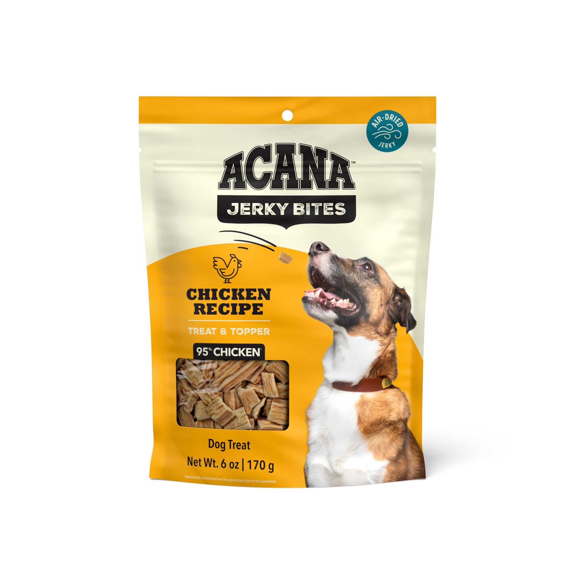 ACANA Jerky Bites pollo recetados, trocitos sabrosos listos para premiar.