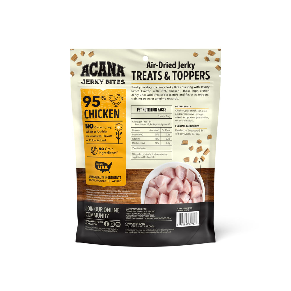 ACANA Jerky Bites pollo, textura crocante para entrenamiento y recompensas.