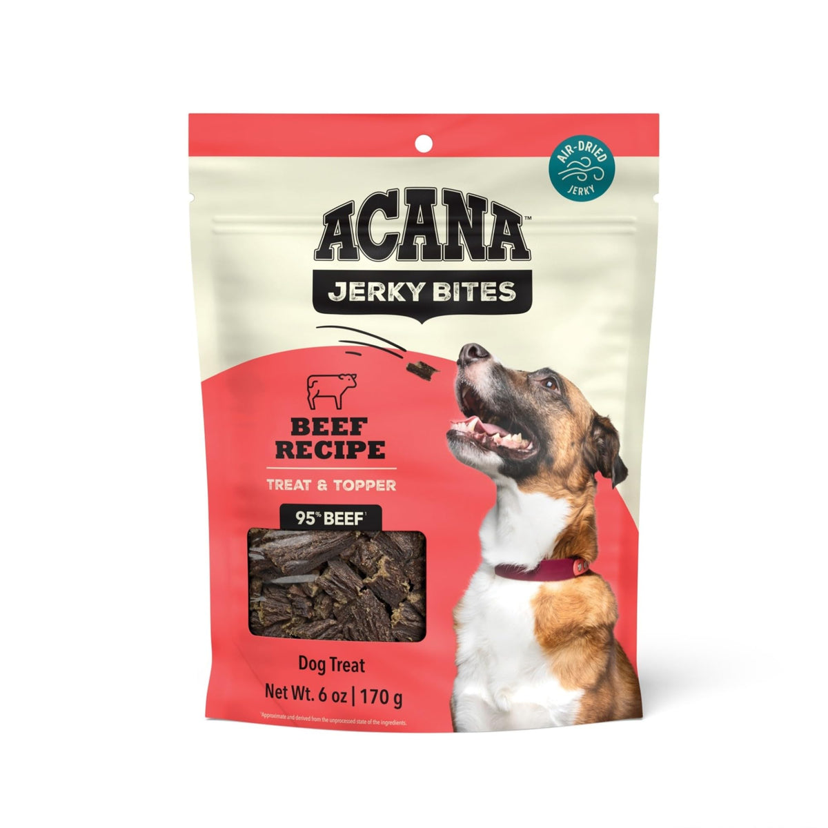 ACANA Jerky Bites, textura masticable de res para premio diario.