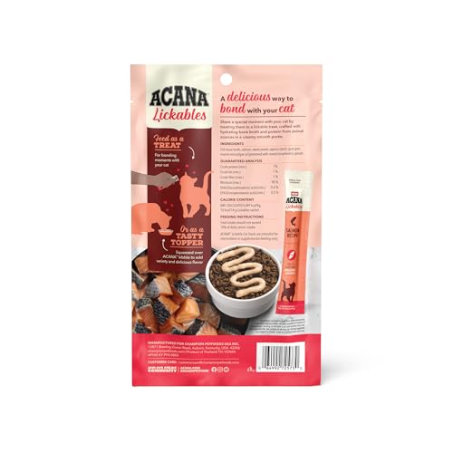 ACANA Lickables salmón: puré cremoso para premiar y acercar al gato.