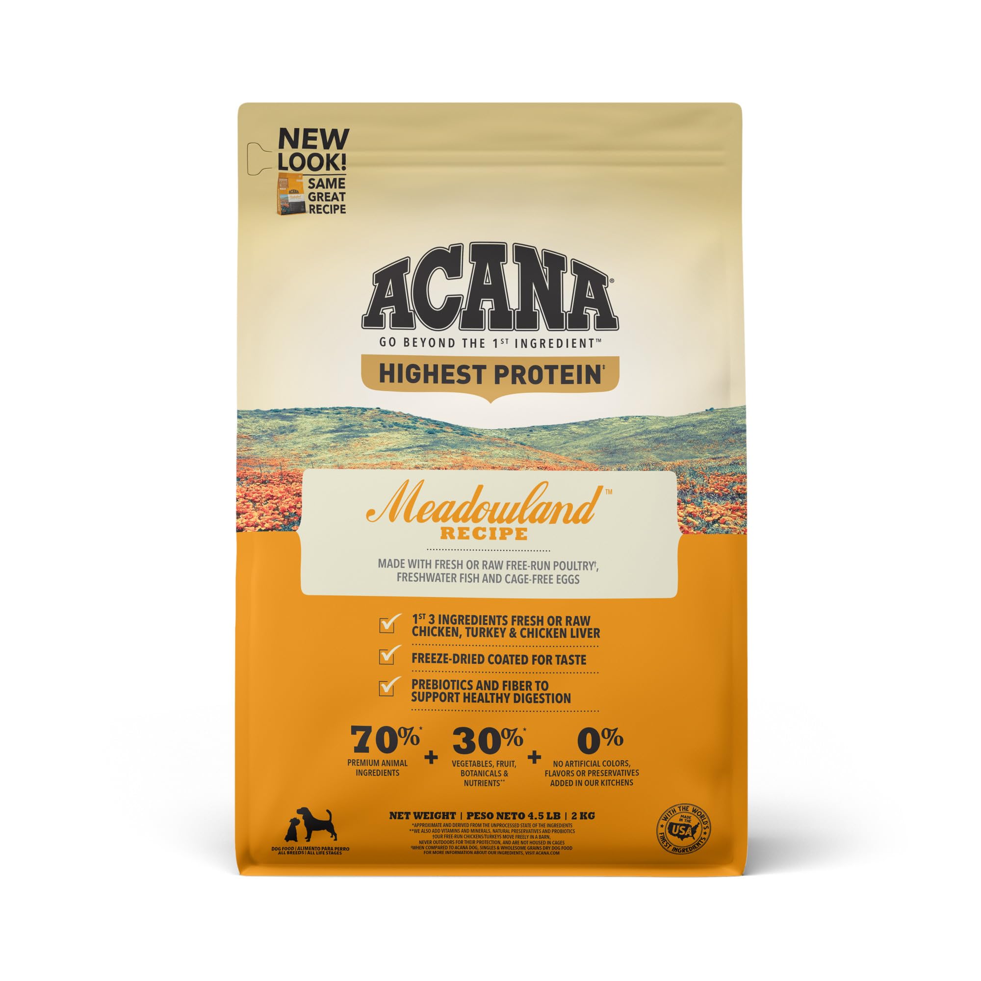 ACANA Meadowland Receta sin granos en bolsa de comida seca para perros.