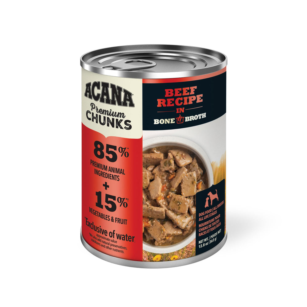 ACANA Premium Chunks Beef Recipe, textura suave para masticación fácil.
