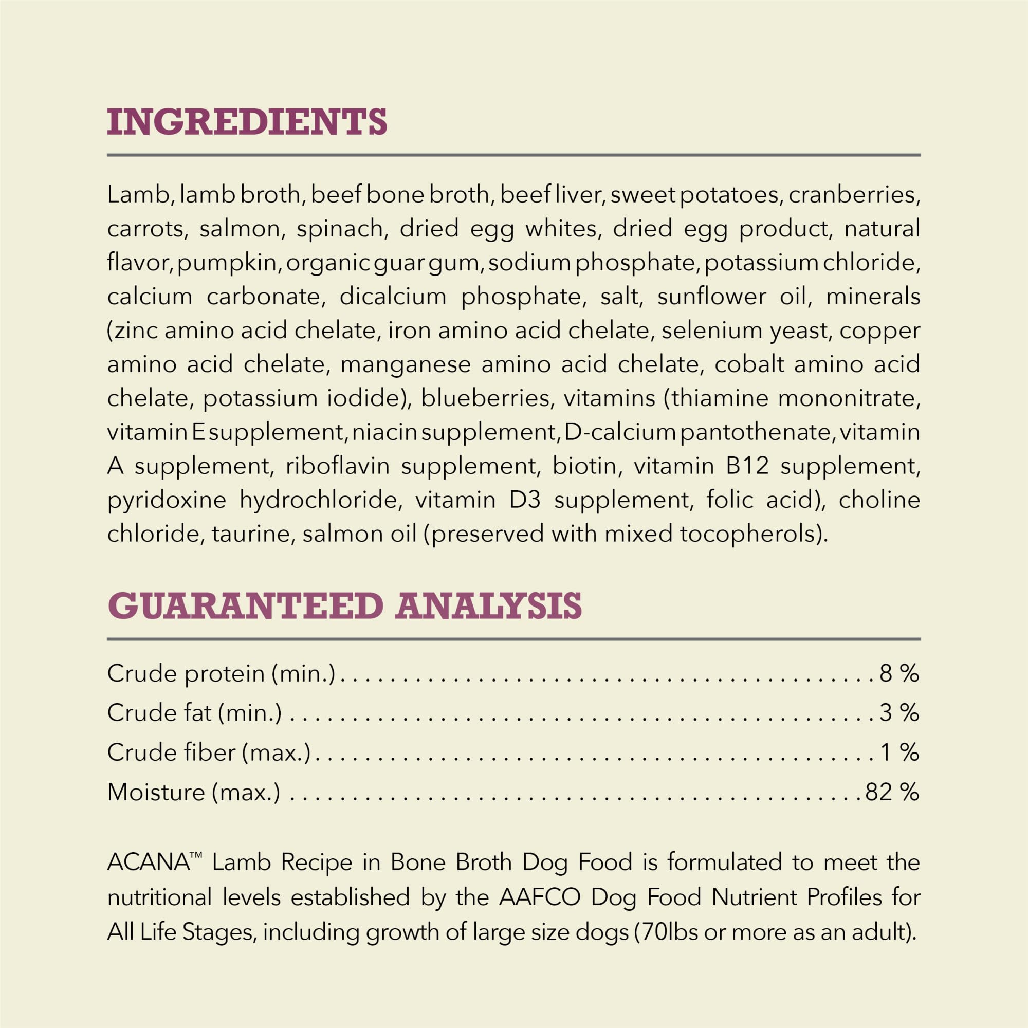 ACANA de cordero con 85% ingredientes animales y 15% vegetales para sabor equilibrado.