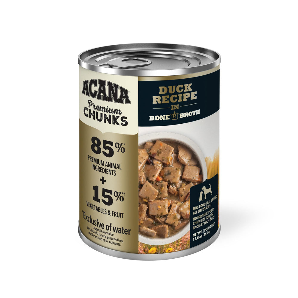 ACANA Premium Chunks pato en caldo de hueso, textura suave para masticación cómoda.