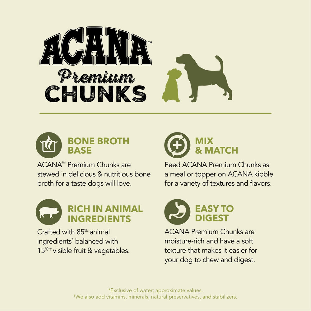 ACANA Premium Chunks textura suave; fácil de masticar para perros.