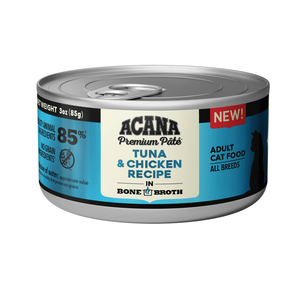ACANA Premium PATE con ingredientes crudos atún y pollo para nutrición interna.