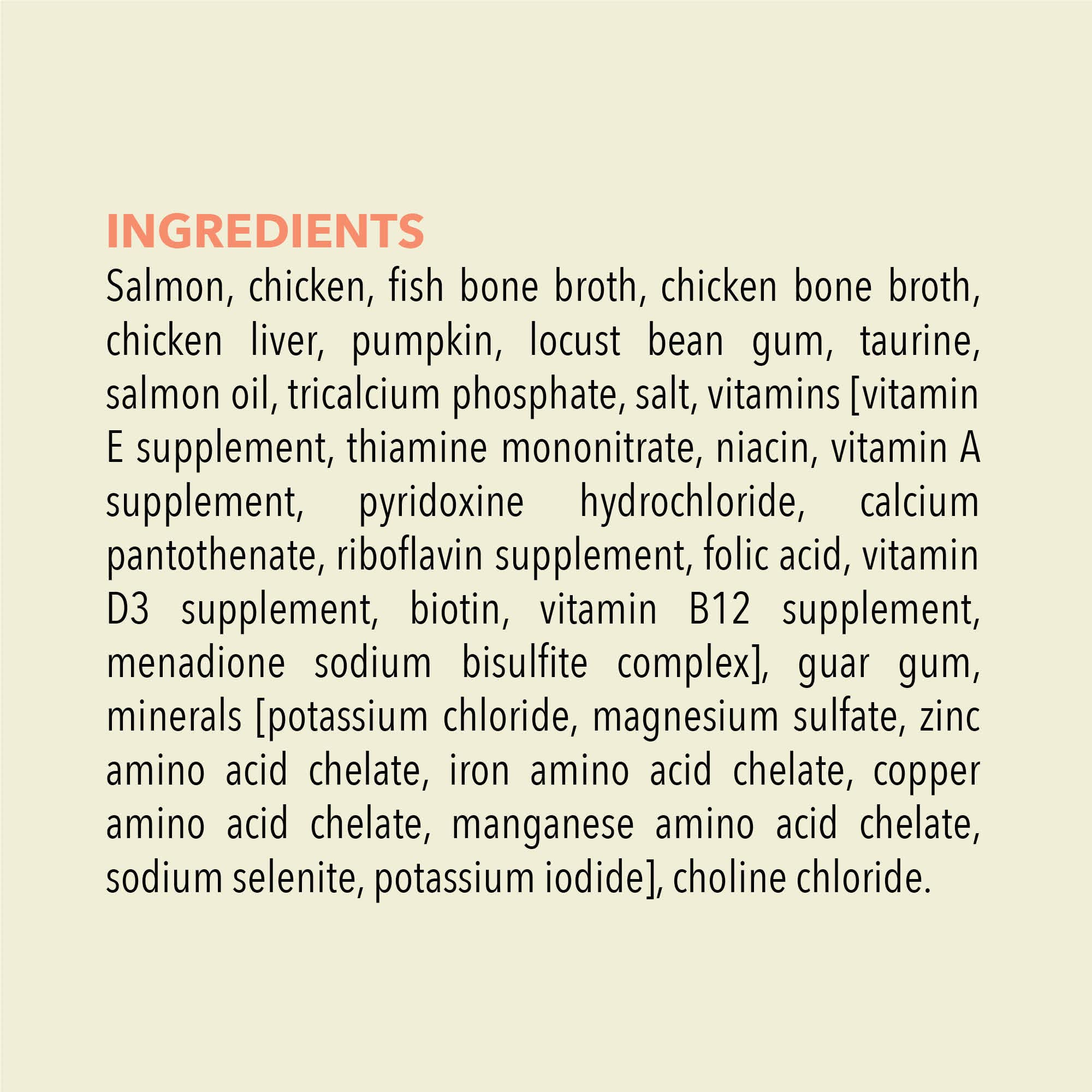 ACANA Premium Pate Salmón y Pollo, primer plano de ingredientes y nutrientes clave.
