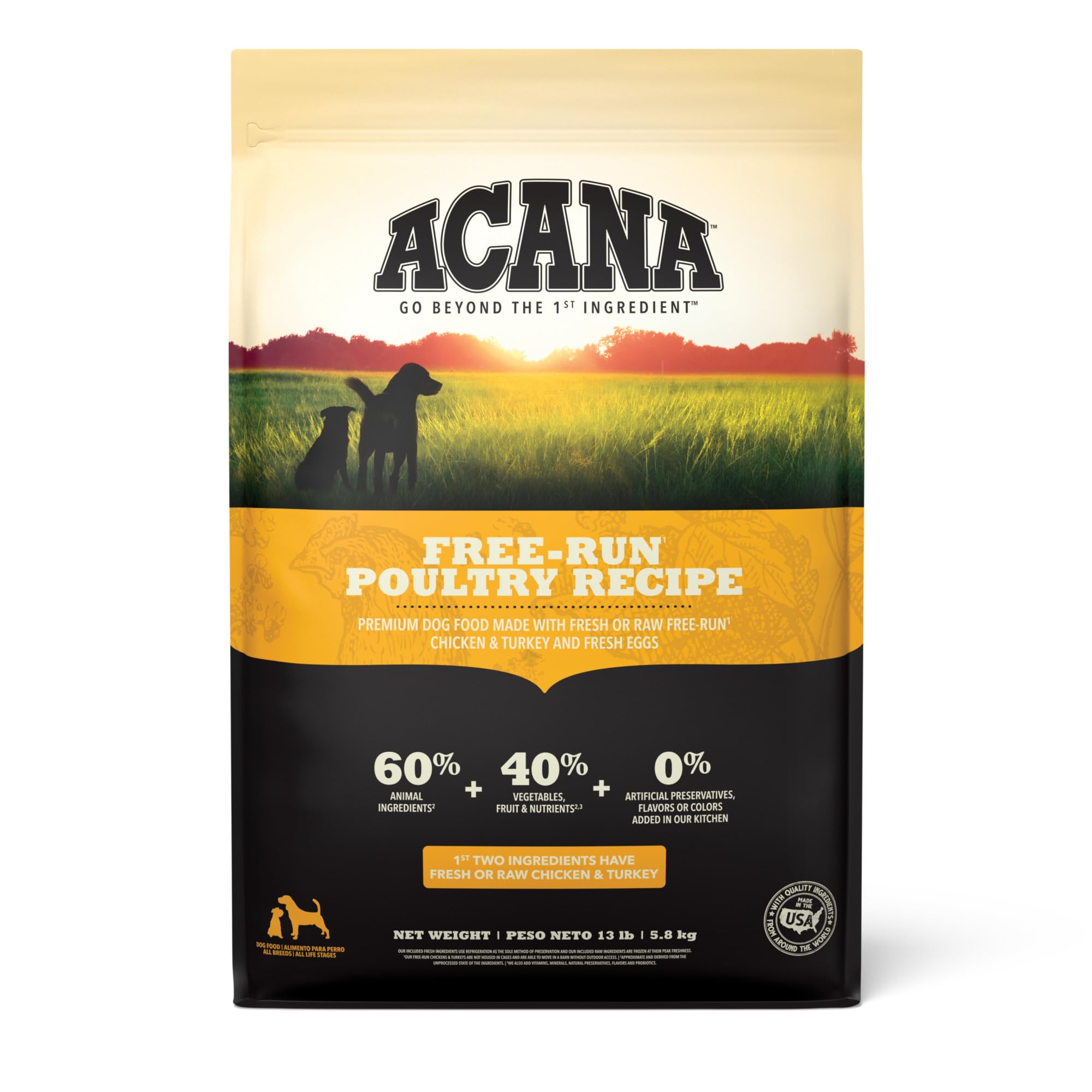 ACANA Receta Pollo Libre Jaula, bolsa de 13 libras, ideal para perros activos.