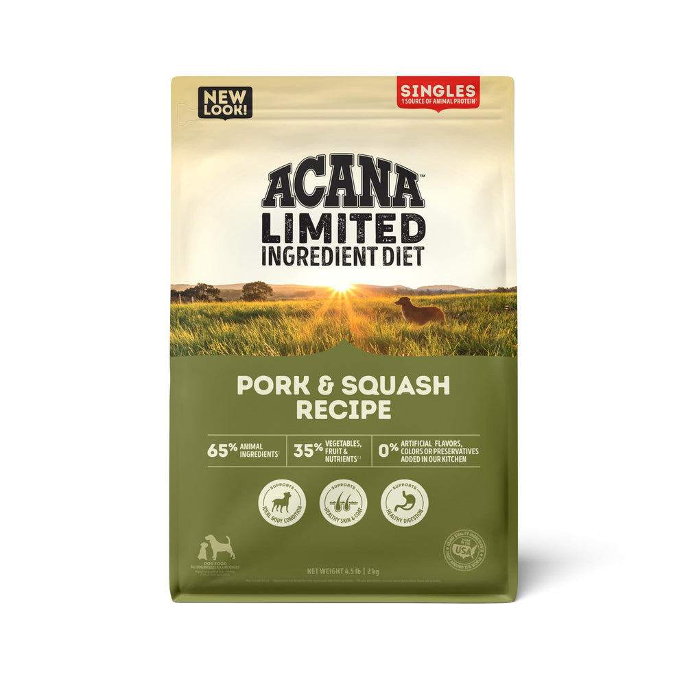 ACANA Singles en bolsa de 4,5 lb con cerdo y calabaza para perros activos.