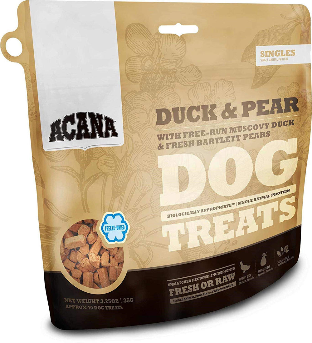 ACANA Singles deshidratado pato y pera, snack proteico ideal para entrenamiento y recompensa.