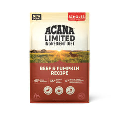 ACANA Singles Res-Calabaza, bolsa de 13 lb frente, ideal almacenamiento y proteína alta para perros.